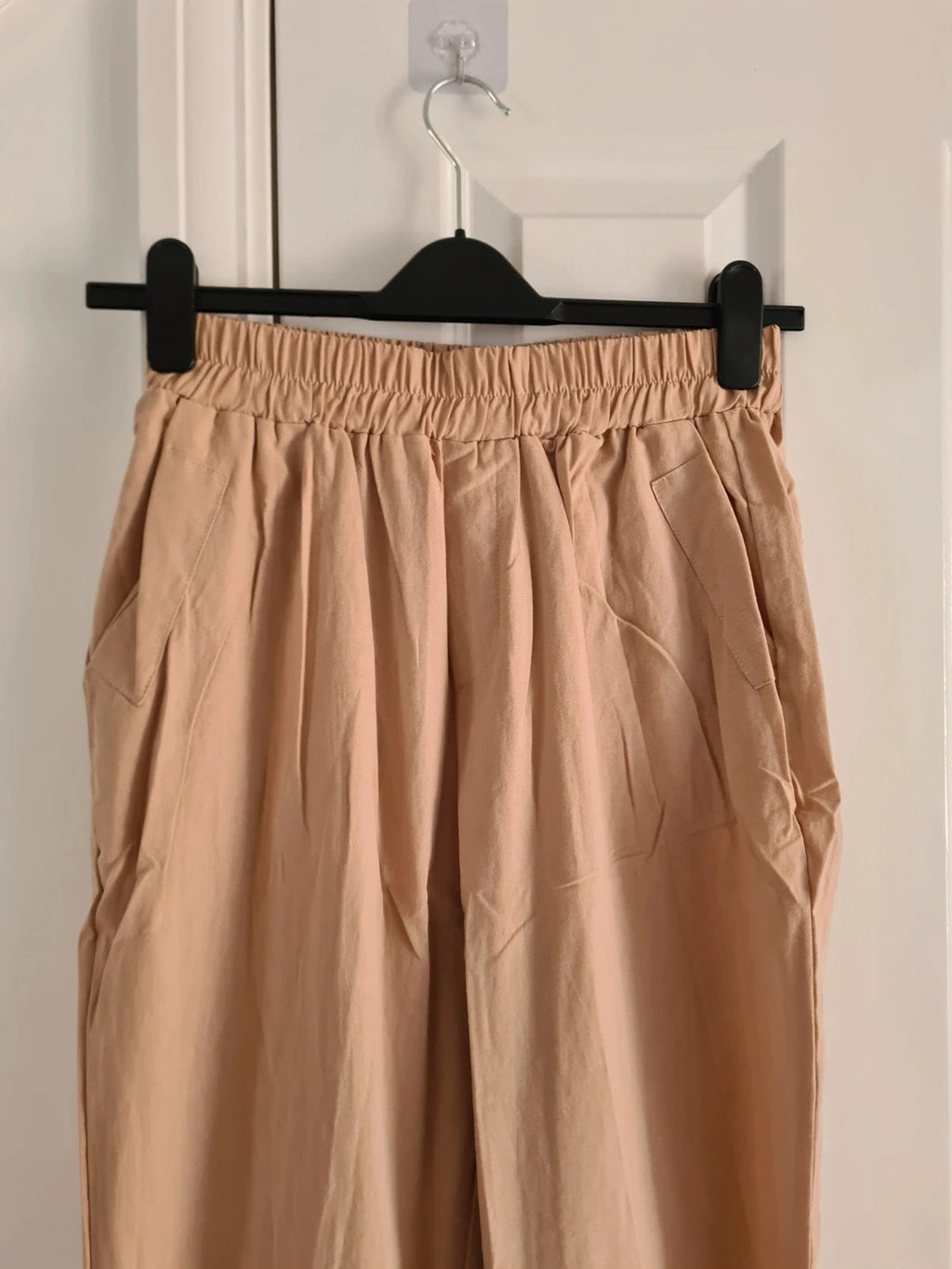 Shein women cotton blend wide straight leg trousers pockets elastic waistband casual dark beige L/12