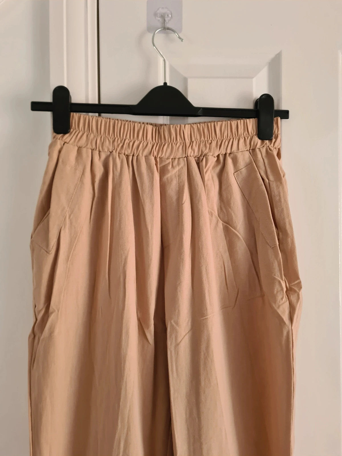 Shein women cotton blend wide straight leg trousers pockets elastic waistband casual dark beige L/12