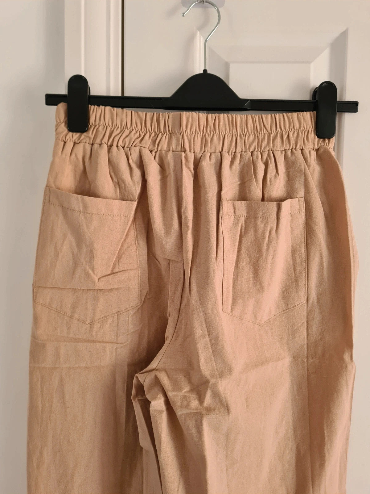 Shein women cotton blend wide straight leg trousers pockets elastic waistband casual dark beige L/12