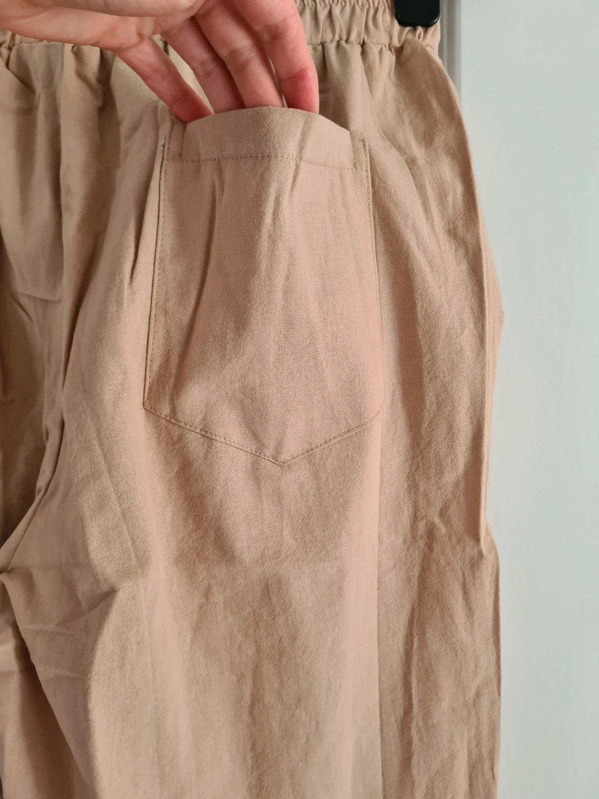 Shein women cotton blend wide straight leg trousers pockets elastic waistband casual dark beige L/12