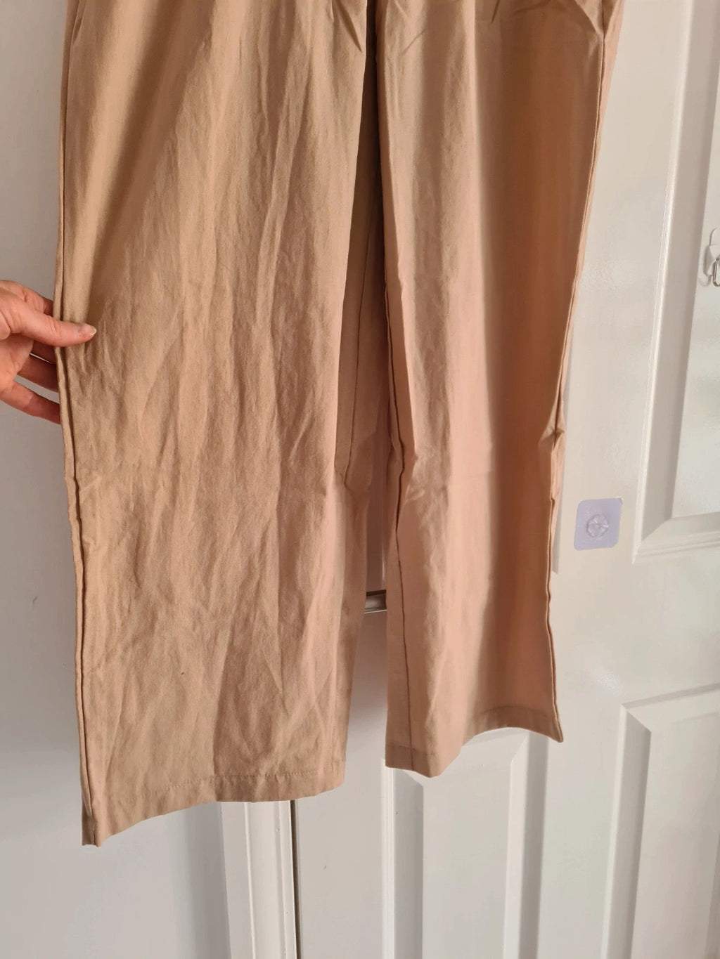 Shein women cotton blend wide straight leg trousers pockets elastic waistband casual dark beige L/12