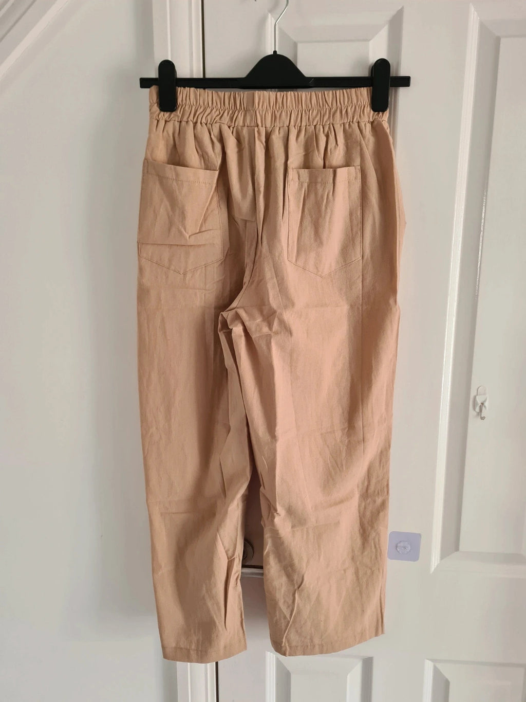 Shein women cotton blend wide straight leg trousers pockets elastic waistband casual dark beige L/12