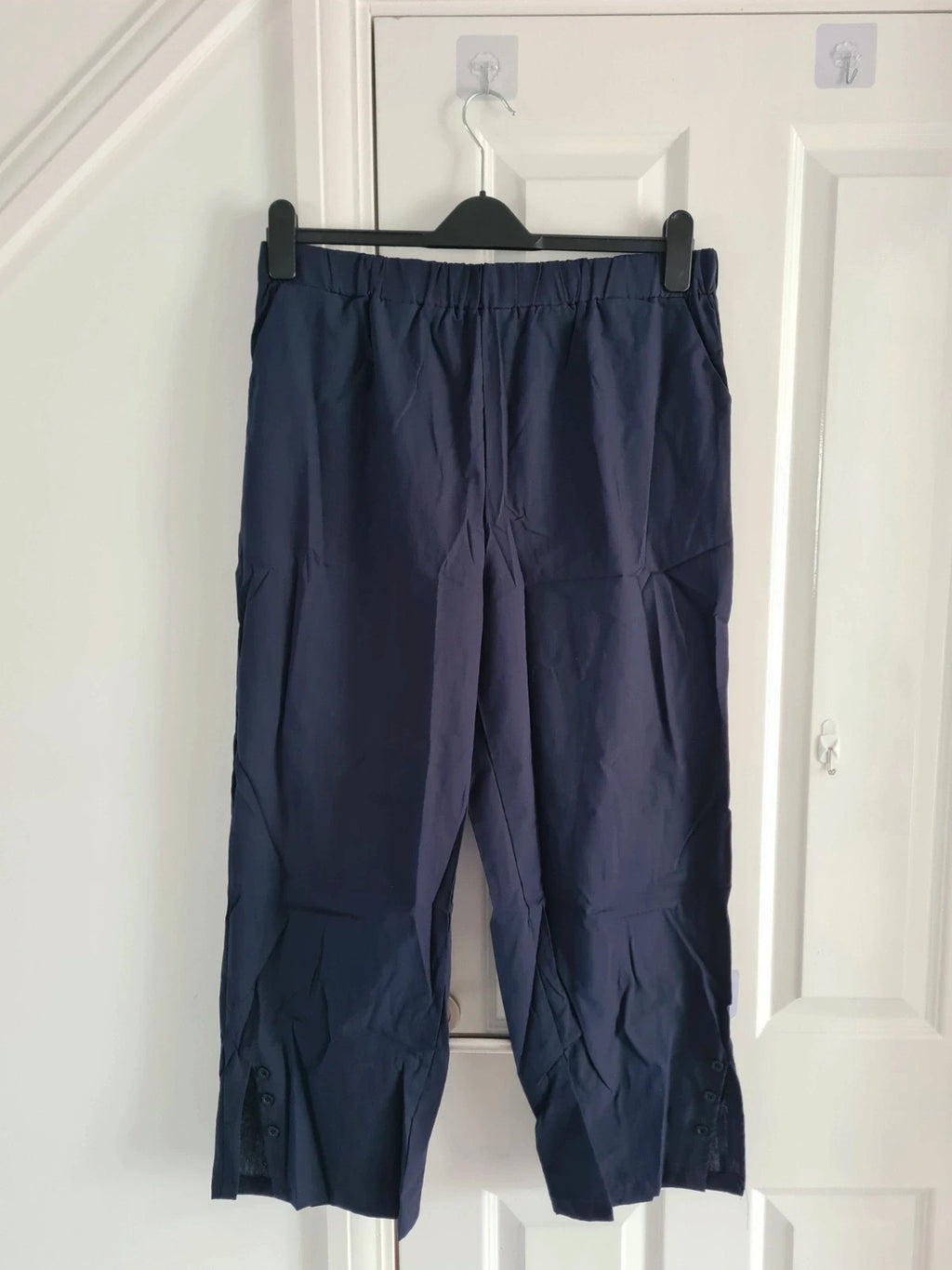 Shein women solid navy trousers wide straight split leg elastic waistband pockets casual 3XL/18
