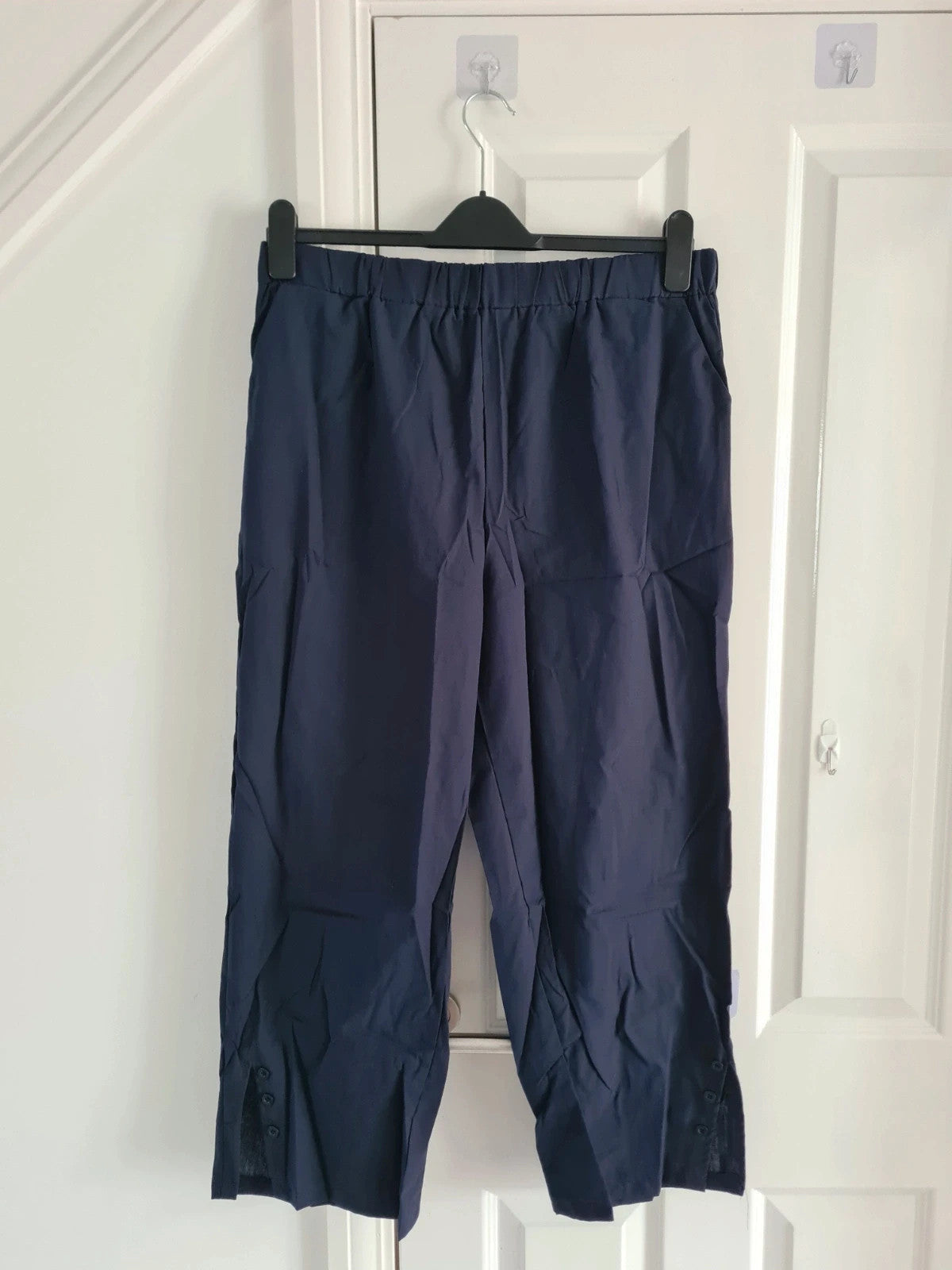Shein women solid navy trousers wide straight split leg elastic waistband pockets casual 3XL/18
