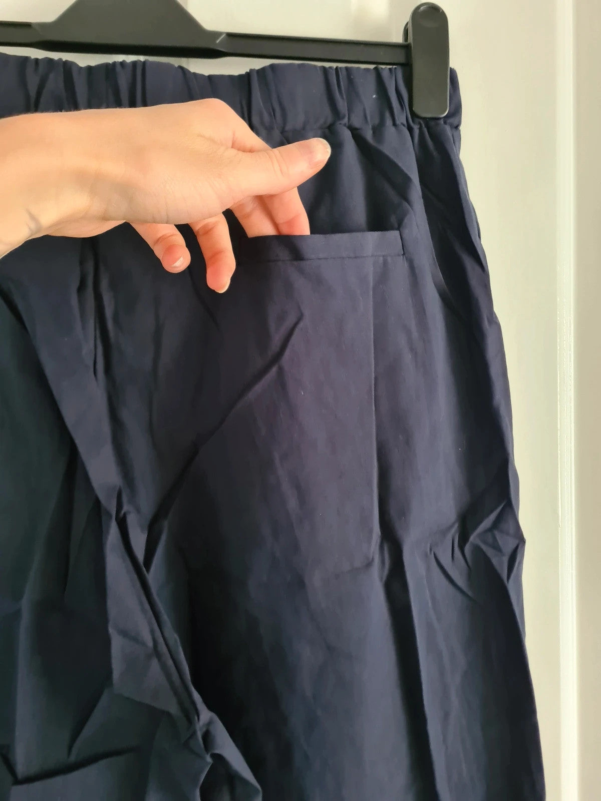 Shein women solid navy trousers wide straight split leg elastic waistband pockets casual 3XL/18