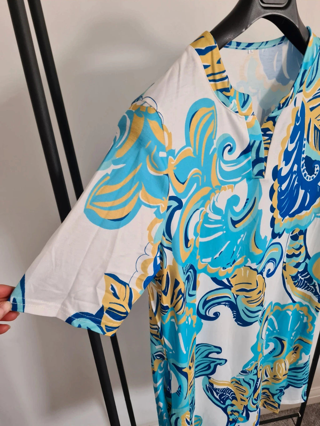 Shein women tropical blue short sleeve V-neck knee length dress summer beach casual XL/14