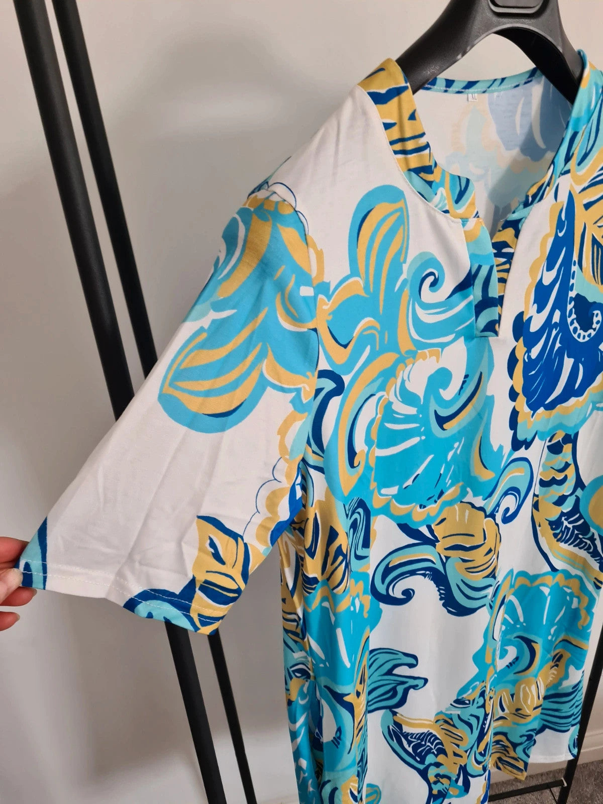 Shein women tropical blue short sleeve V-neck knee length dress summer beach casual XL/14
