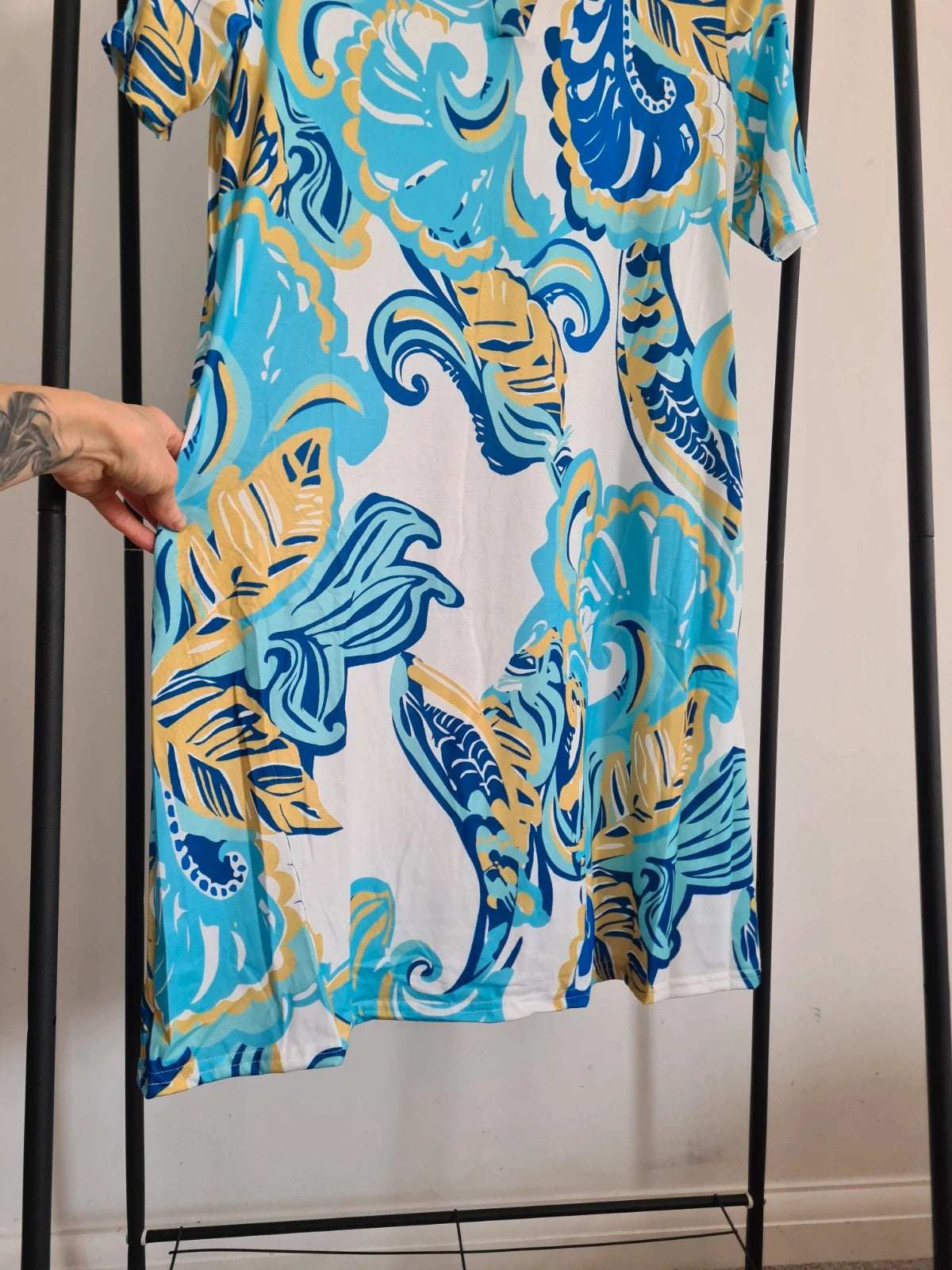 Shein women tropical blue short sleeve V-neck knee length dress summer beach casual XL/14