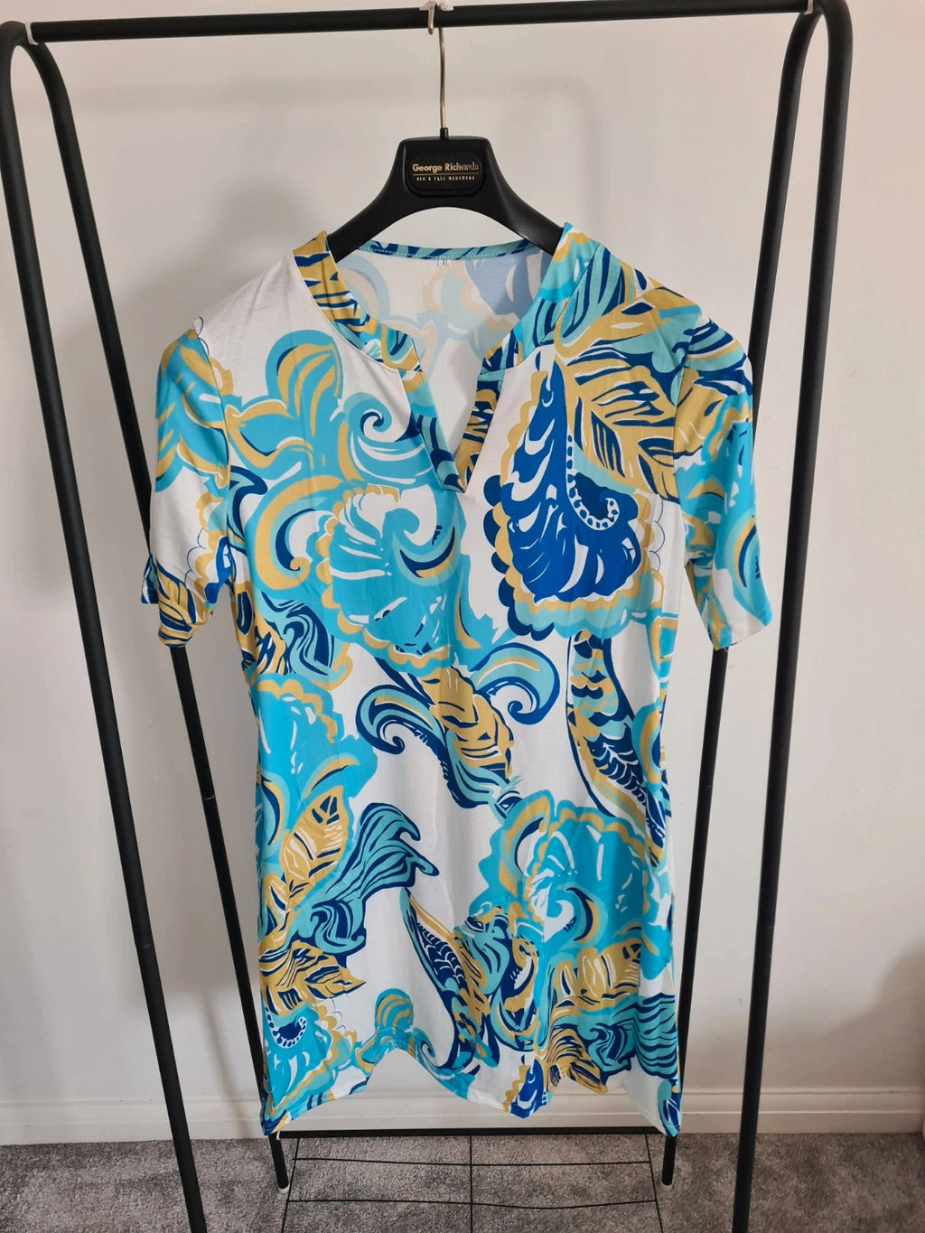 Shein women tropical blue short sleeve V-neck knee length dress summer beach casual XL/14