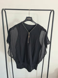 Shein women solid black colour chiffon half zip short sleeve top batwing blouse casual XL/14