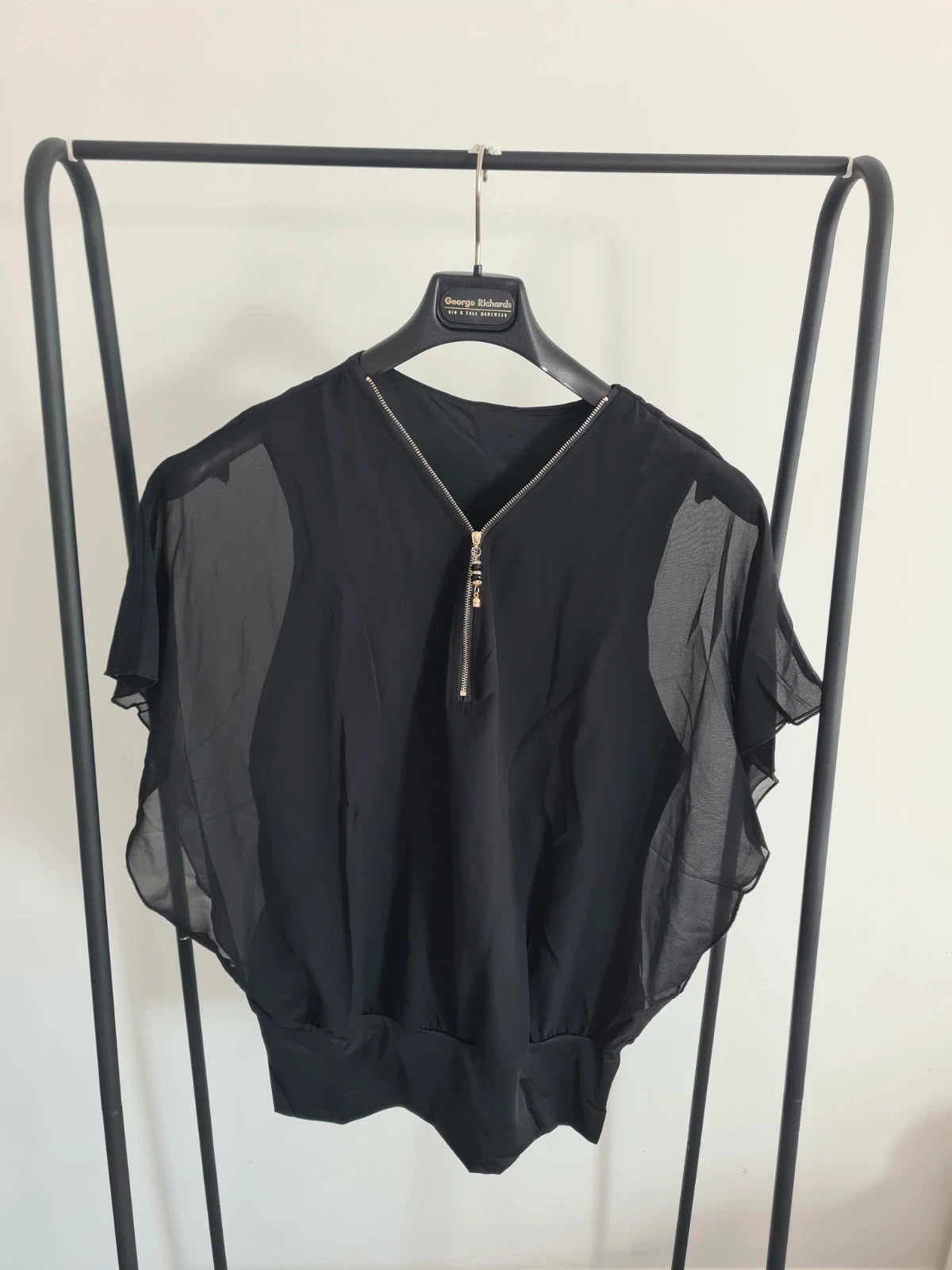 Shein women solid black colour chiffon half zip short sleeve top batwing blouse casual XL/14