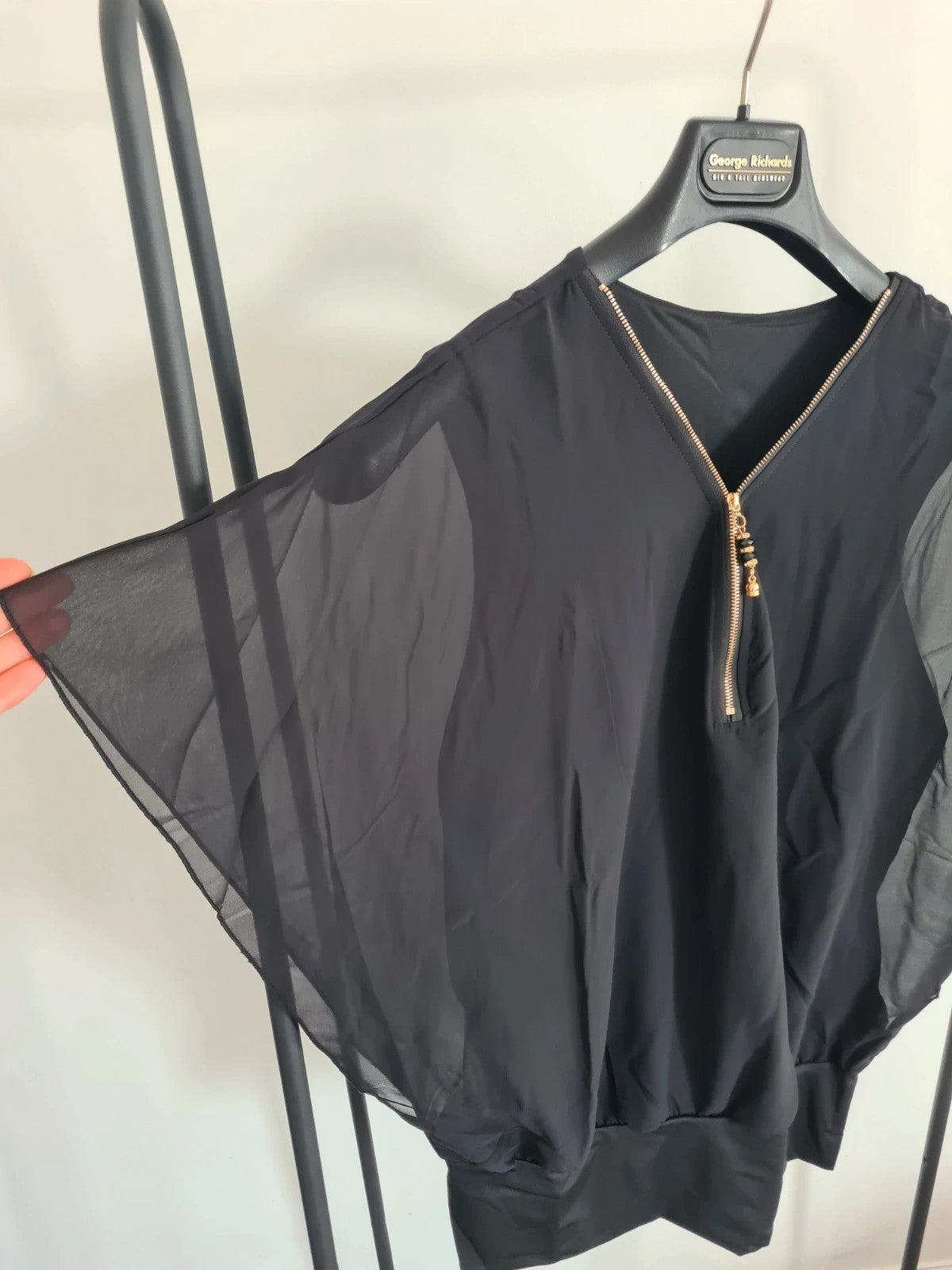 Shein women solid black colour chiffon half zip short sleeve top batwing blouse casual XL/14