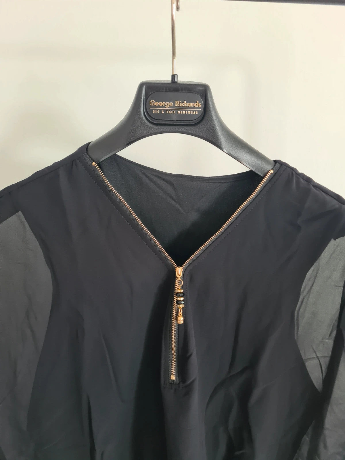 Shein women solid black colour chiffon half zip short sleeve top batwing blouse casual XL/14