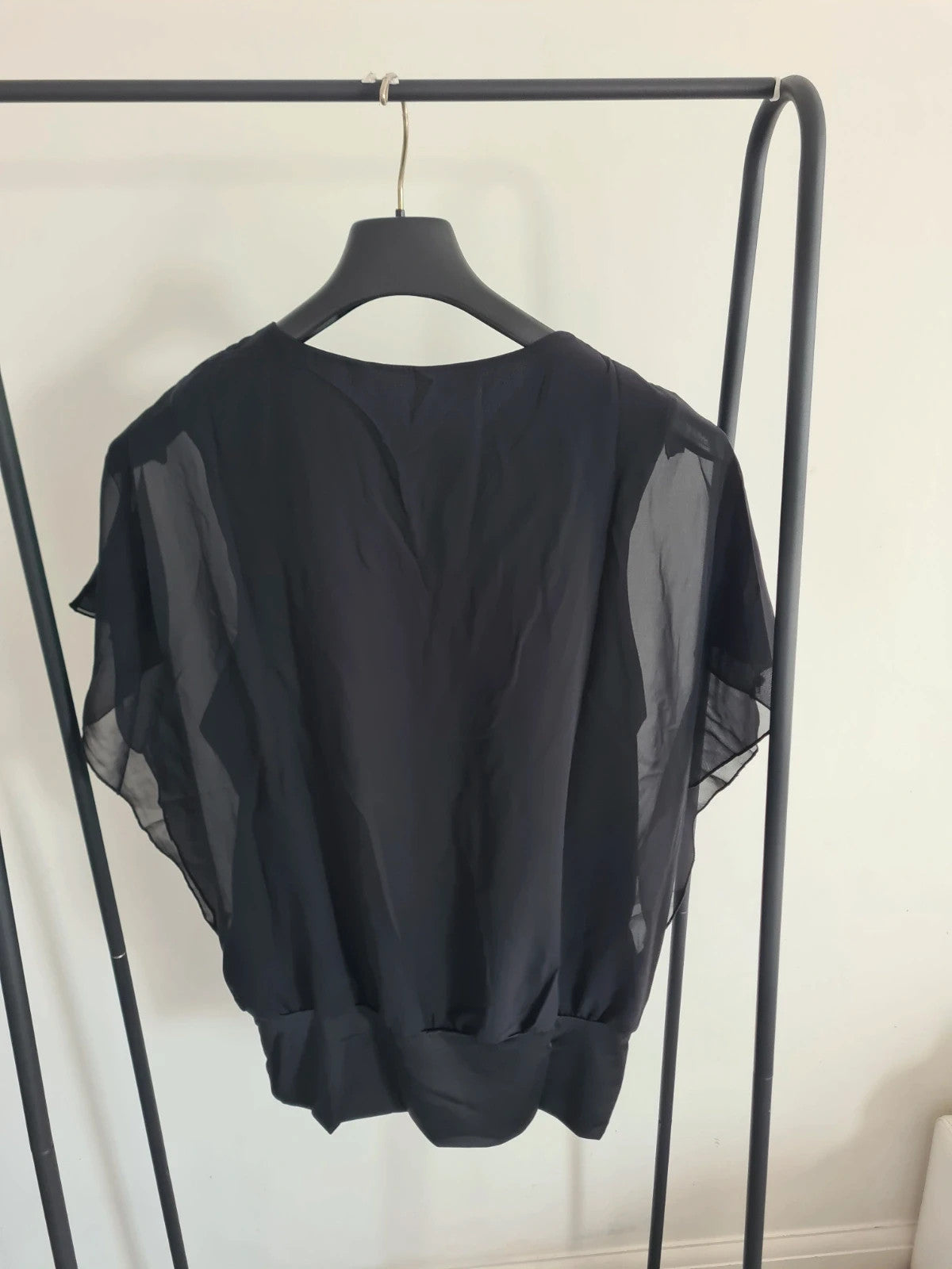 Shein women solid black colour chiffon half zip short sleeve top batwing blouse casual XL/14