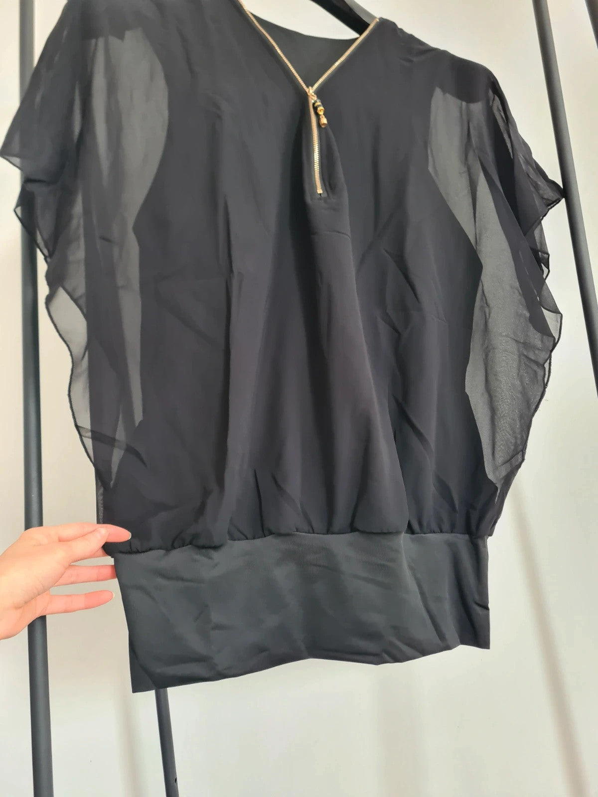 Shein women solid black colour chiffon half zip short sleeve top batwing blouse casual XL/14