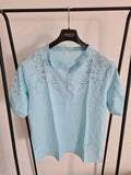 Shein women light blue shirt short puff sleeve buttons oversized floral embroidery top blouse M/10