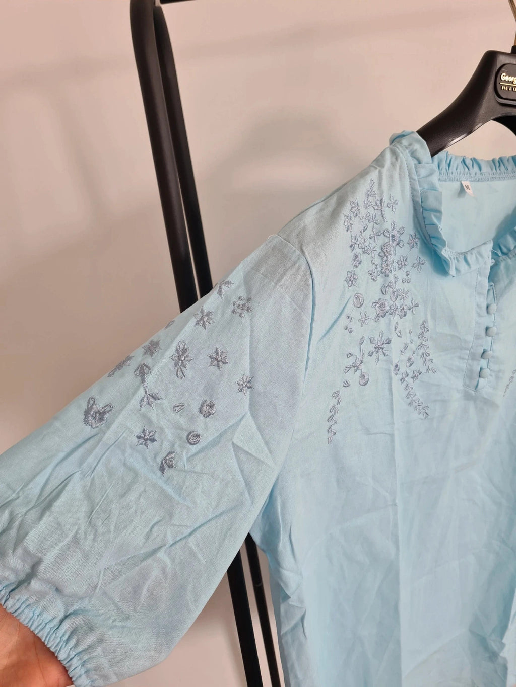 Shein women light blue shirt short puff sleeve buttons oversized floral embroidery top blouse M/10