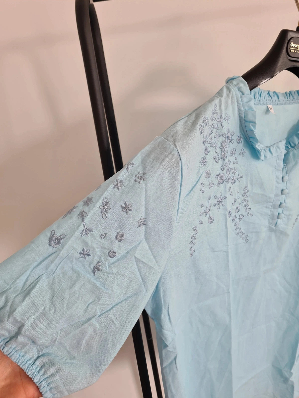 Shein women light blue shirt short puff sleeve buttons oversized floral embroidery top blouse M/10