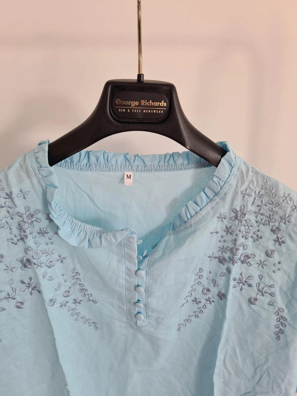 Shein women light blue shirt short puff sleeve buttons oversized floral embroidery top blouse M/10