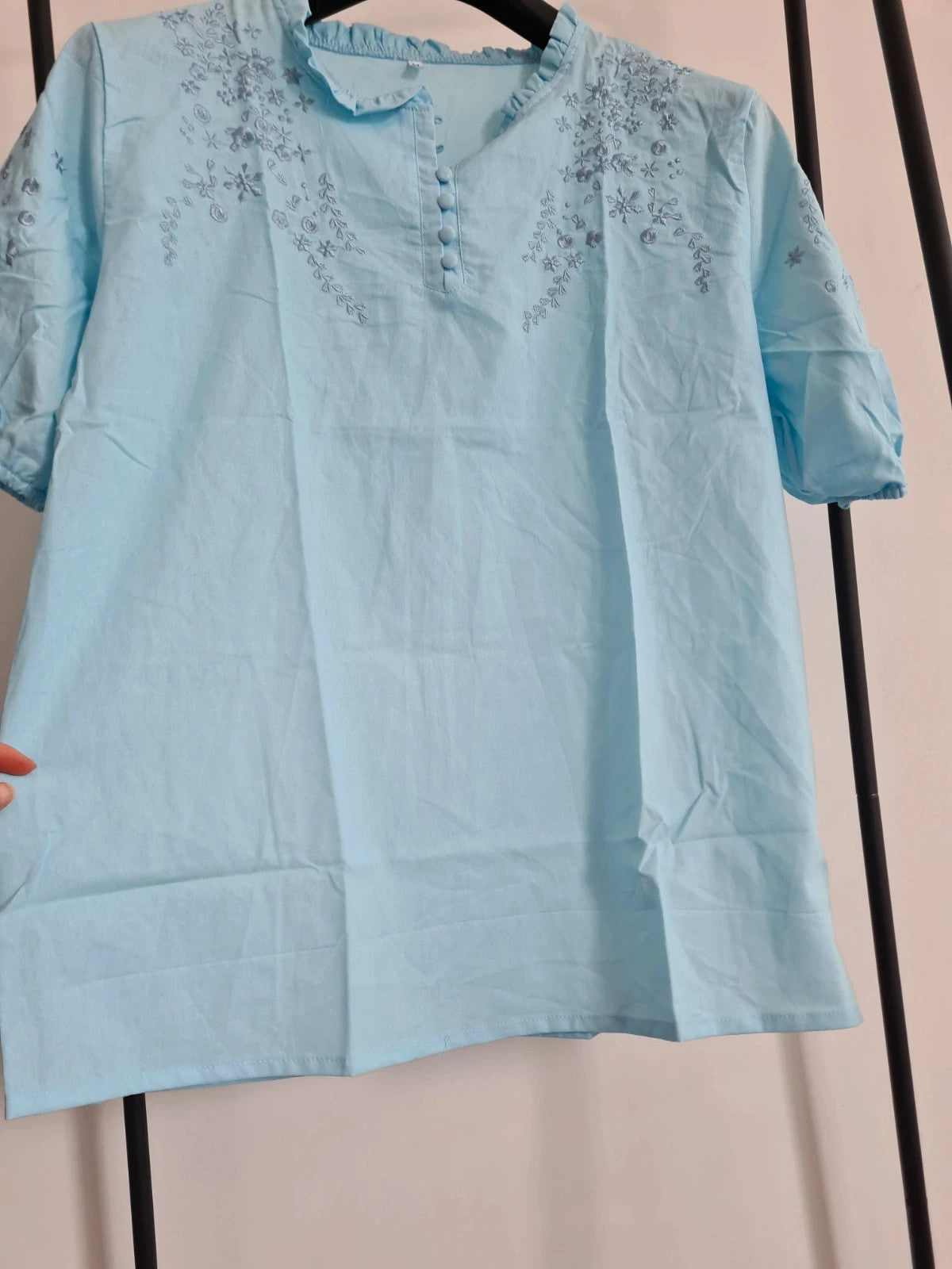 Shein women light blue shirt short puff sleeve buttons oversized floral embroidery top blouse M/10