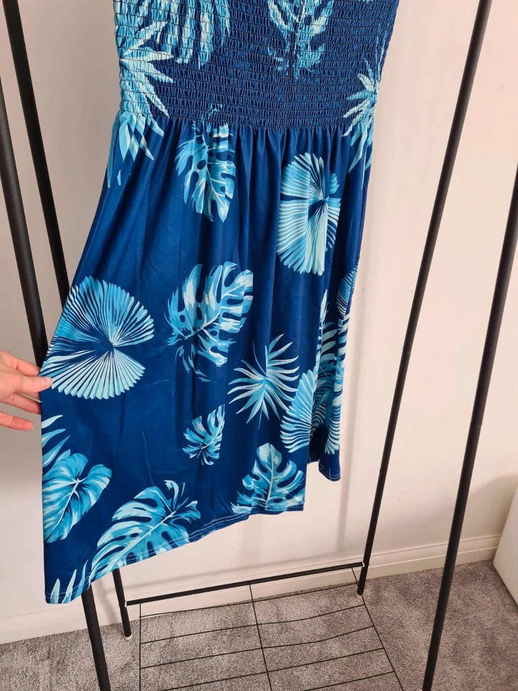 Shein women bandeau tropical shirred bust tune mini dress sleeveless A-line blue summer beach 2XL/16