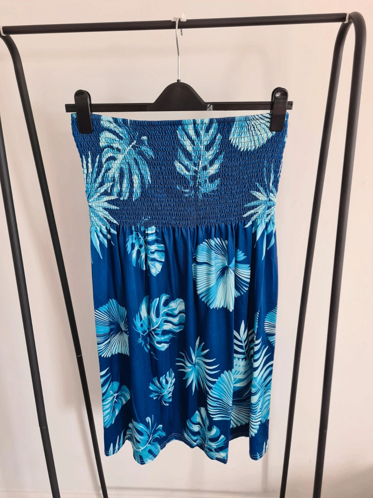 Shein women bandeau tropical shirred bust tune mini dress sleeveless A-line blue summer beach 2XL/16