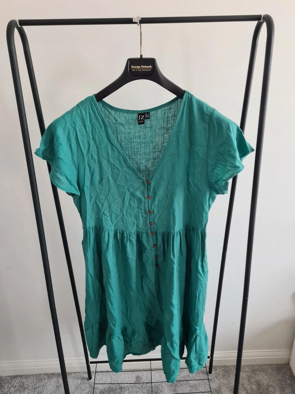 Izabel london women linien blend short sleeve mini dress V-neck pockets buttons green casual L/12