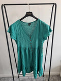 Izabel london women linien blend short sleeve mini dress V-neck pockets buttons green casual L/12