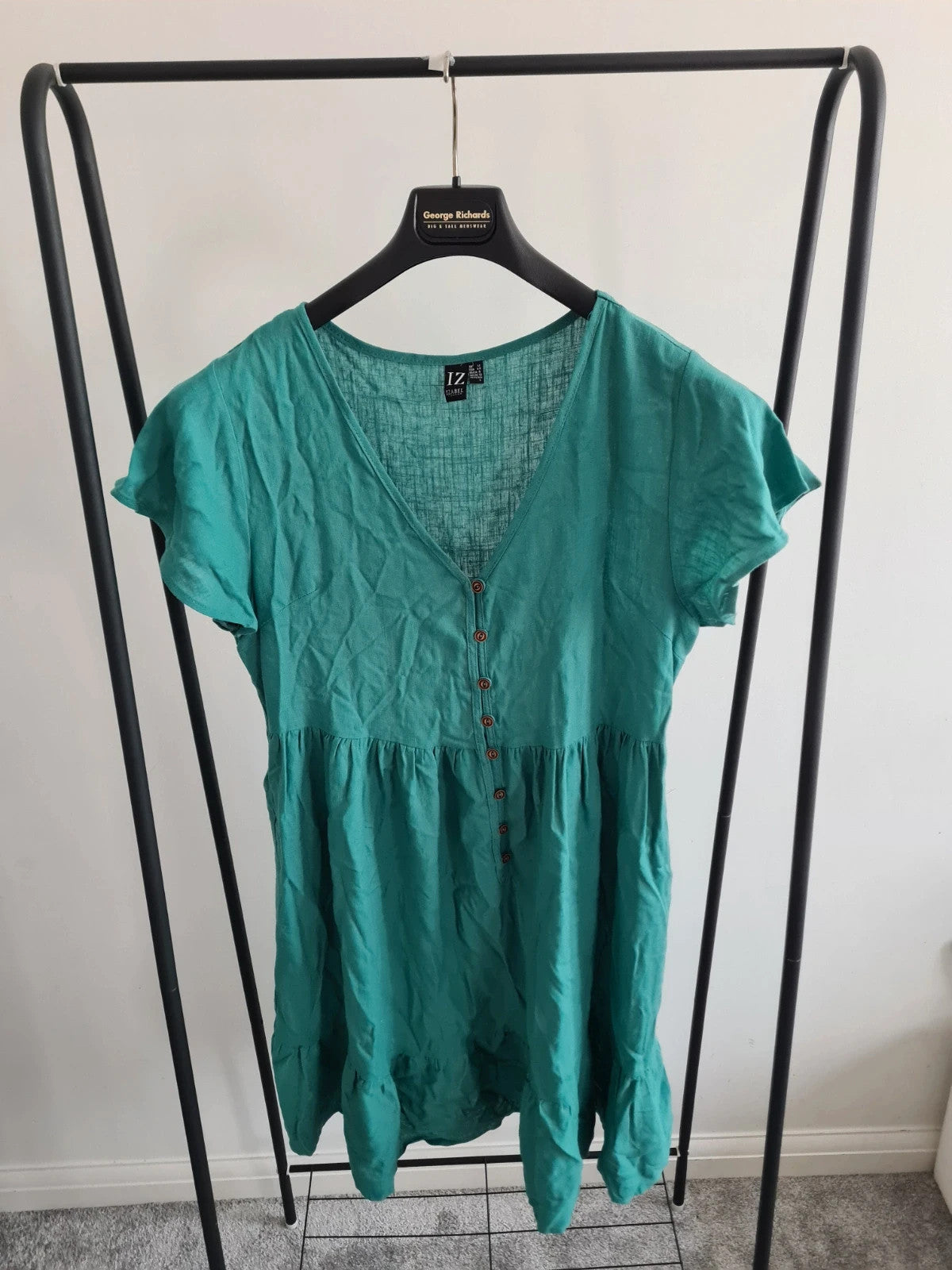 Izabel london women linien blend short sleeve mini dress V-neck pockets buttons green casual L/12