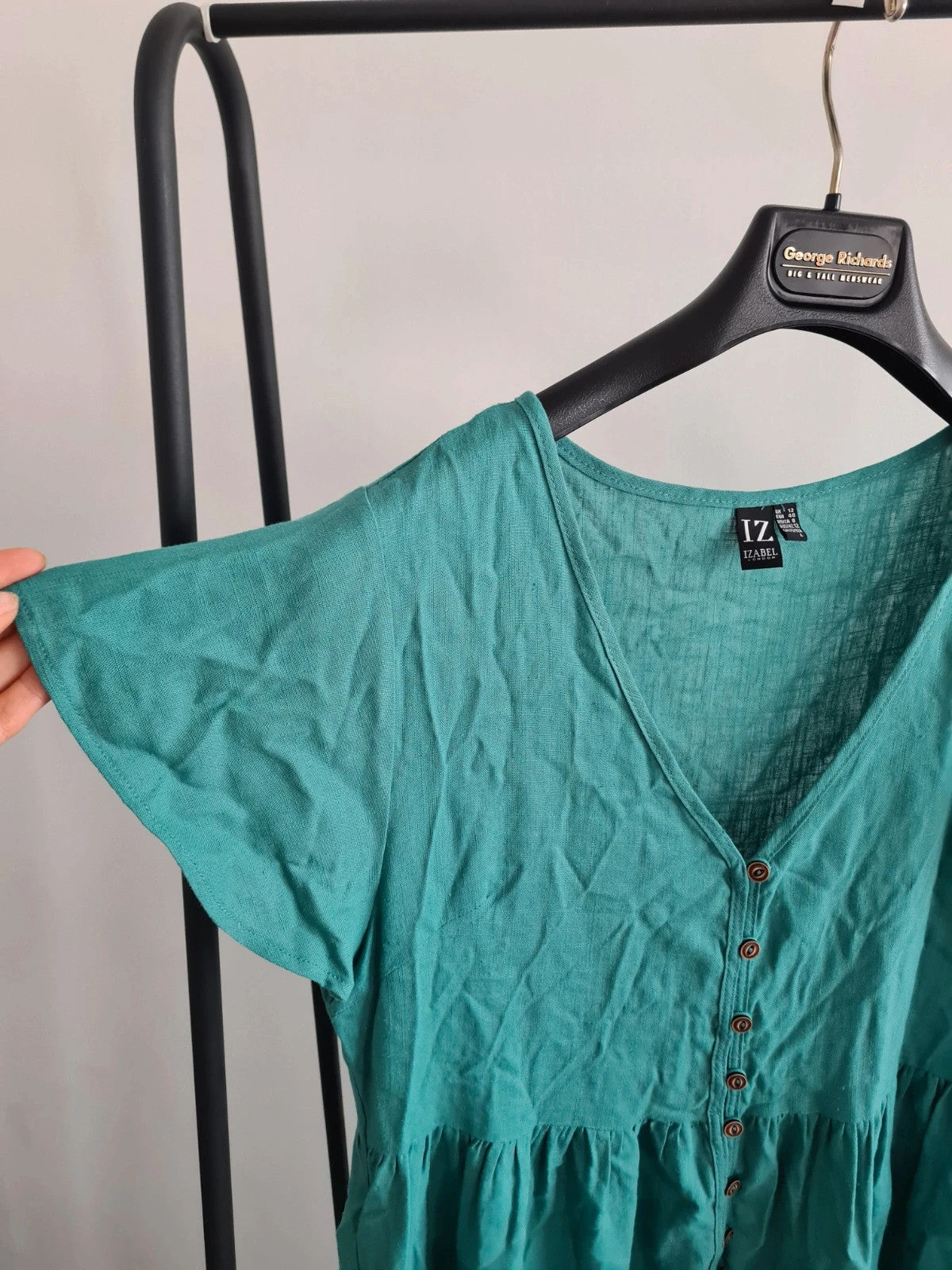Izabel london women linien blend short sleeve mini dress V-neck pockets buttons green casual L/12