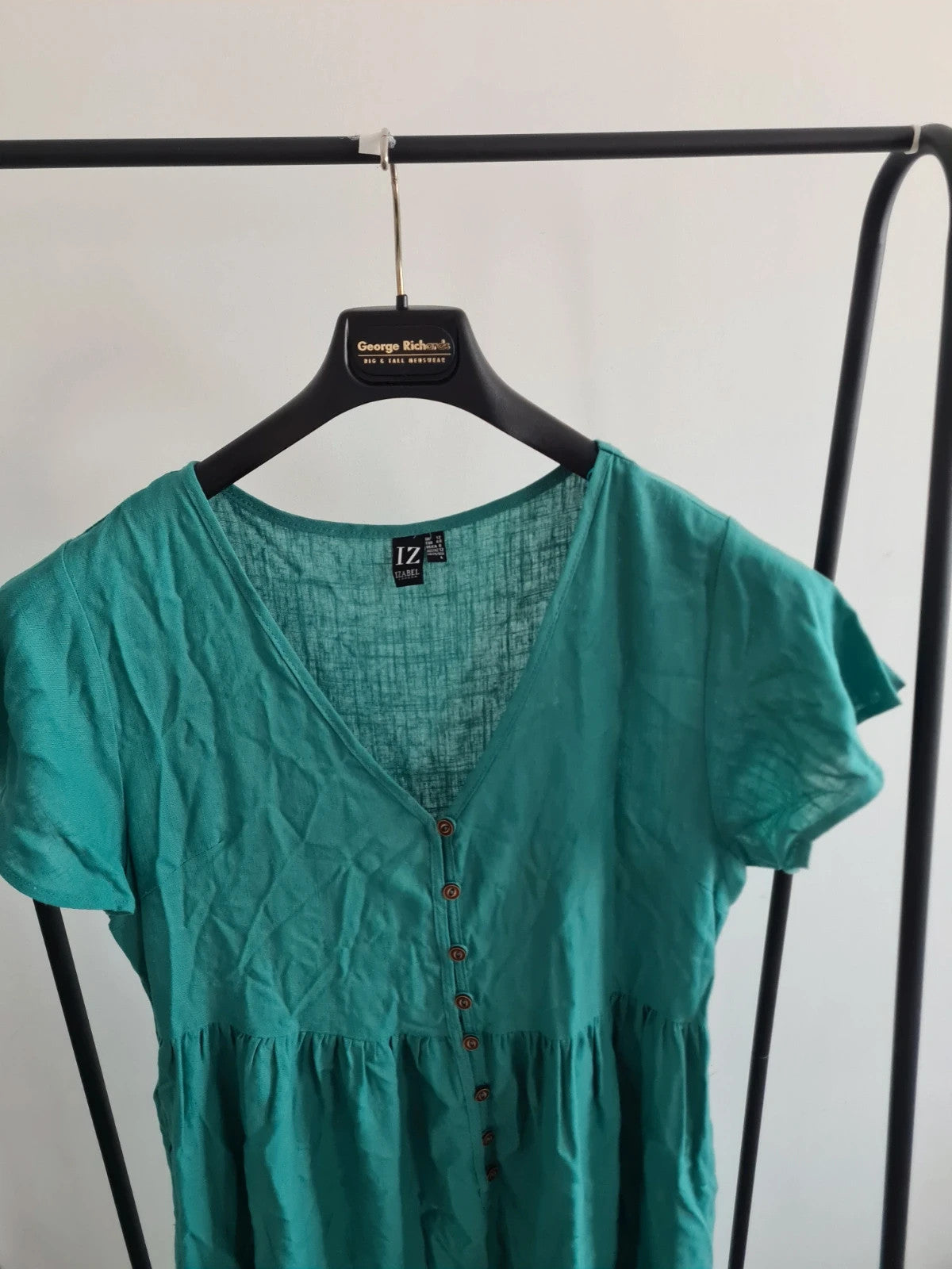 Izabel london women linien blend short sleeve mini dress V-neck pockets buttons green casual L/12