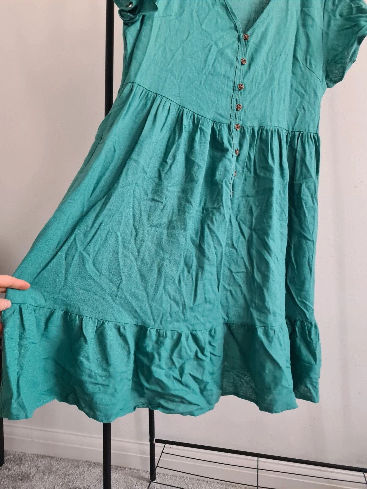 Izabel london women linien blend short sleeve mini dress V-neck pockets buttons green casual L/12