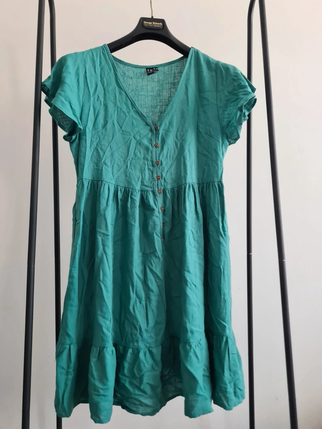 Izabel london women linien blend short sleeve mini dress V-neck pockets buttons green casual L/12