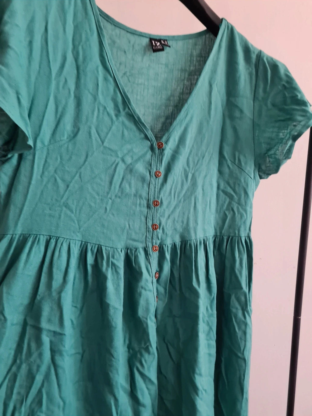 Izabel london women linien blend short sleeve mini dress V-neck pockets buttons green casual L/12