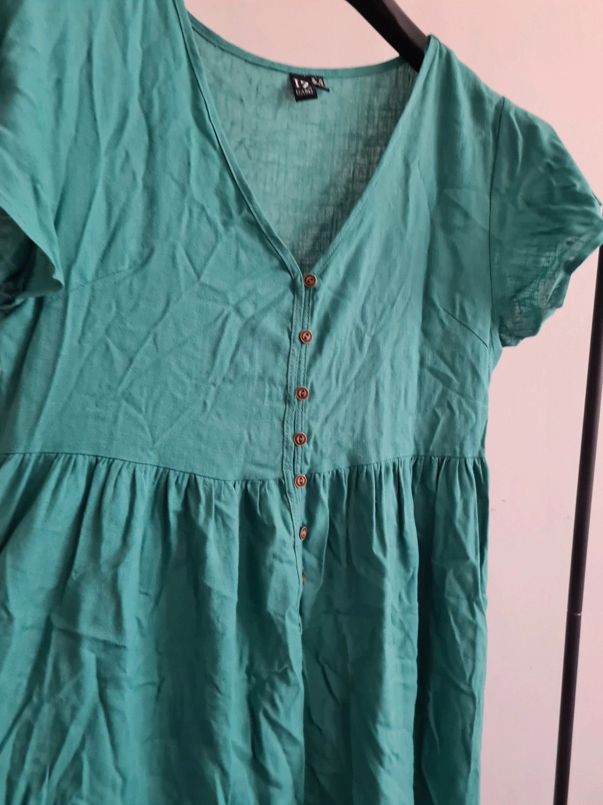 Izabel london women linien blend short sleeve mini dress V-neck pockets buttons green casual L/12