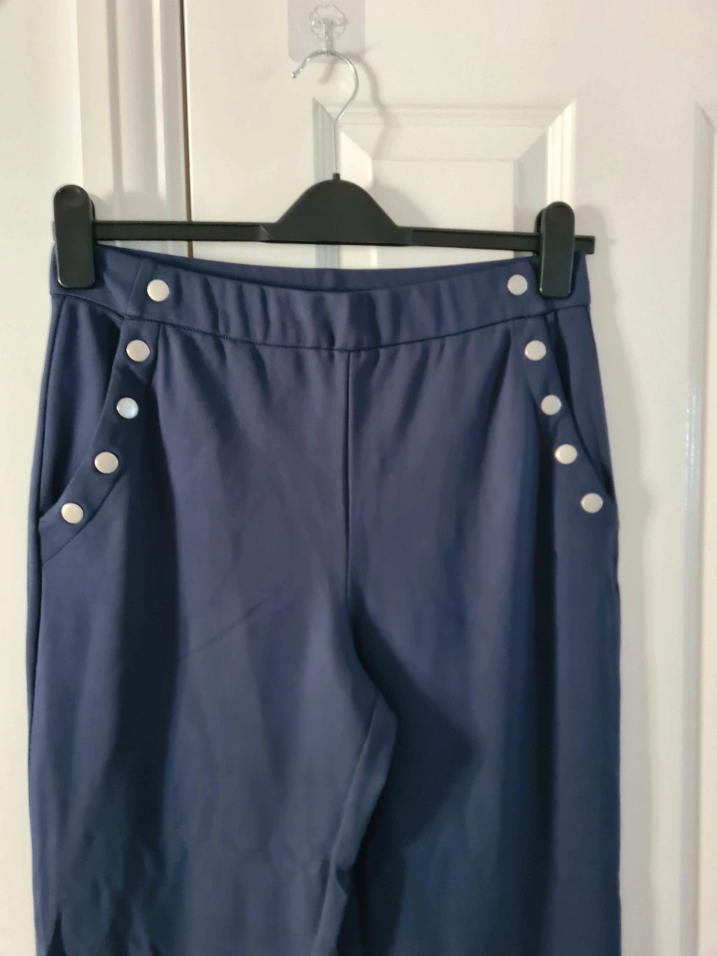 Wynne Layers women navy straight leg sailor pants elastic waistband pockets lounge trousers M/10