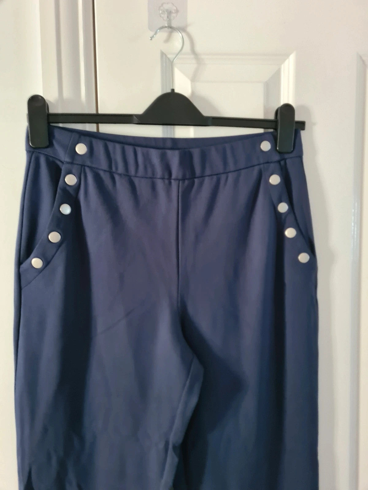 Wynne Layers women navy straight leg sailor pants elastic waistband pockets lounge trousers M/10