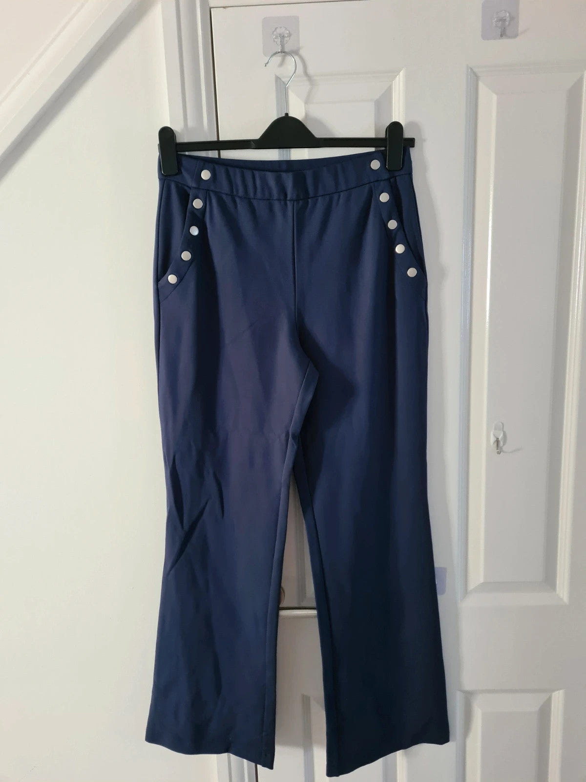Wynne Layers women navy straight leg sailor pants elastic waistband pockets lounge trousers M/10