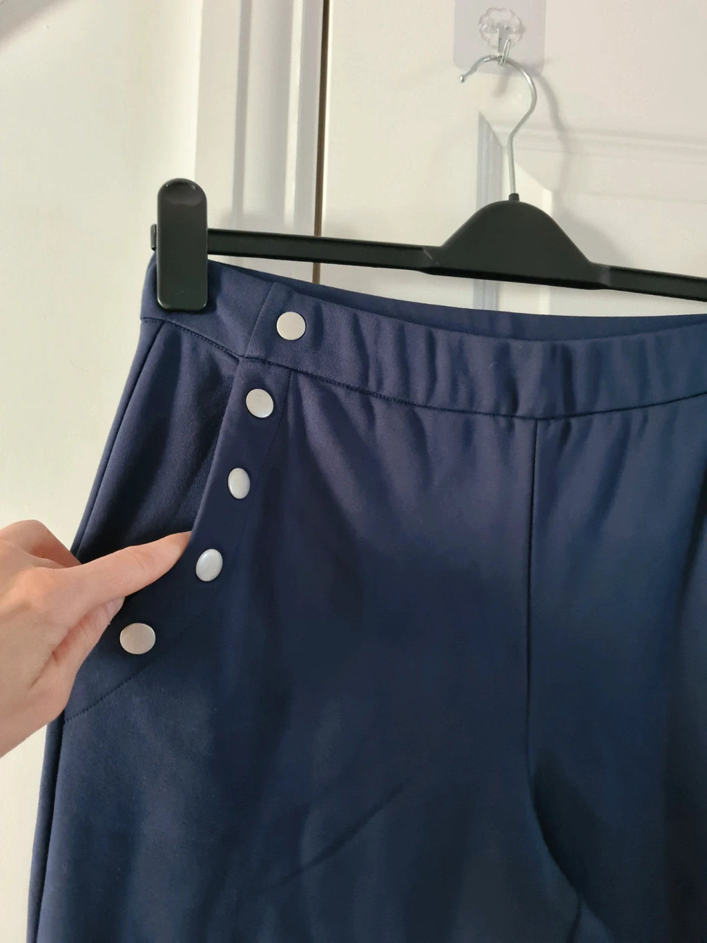 Wynne Layers women navy straight leg sailor pants elastic waistband pockets lounge trousers M/10
