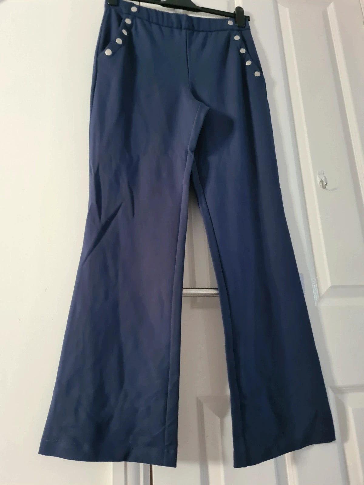 Wynne Layers women navy straight leg sailor pants elastic waistband pockets lounge trousers M/10
