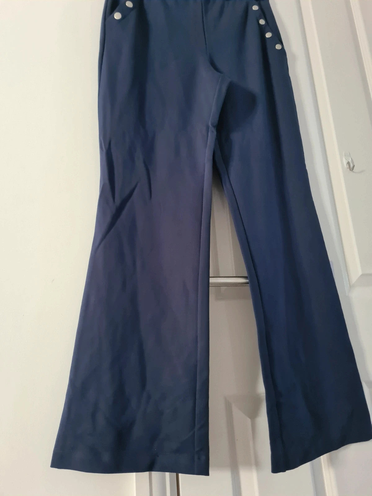 Wynne Layers women navy straight leg sailor pants elastic waistband pockets lounge trousers M/10