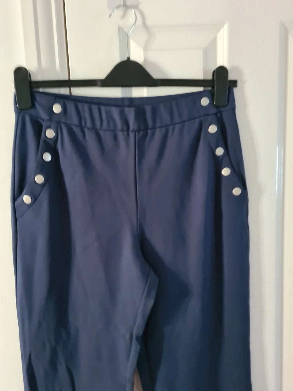 Wynne Layers women navy straight leg sailor pants elastic waistband pockets lounge trousers M/10