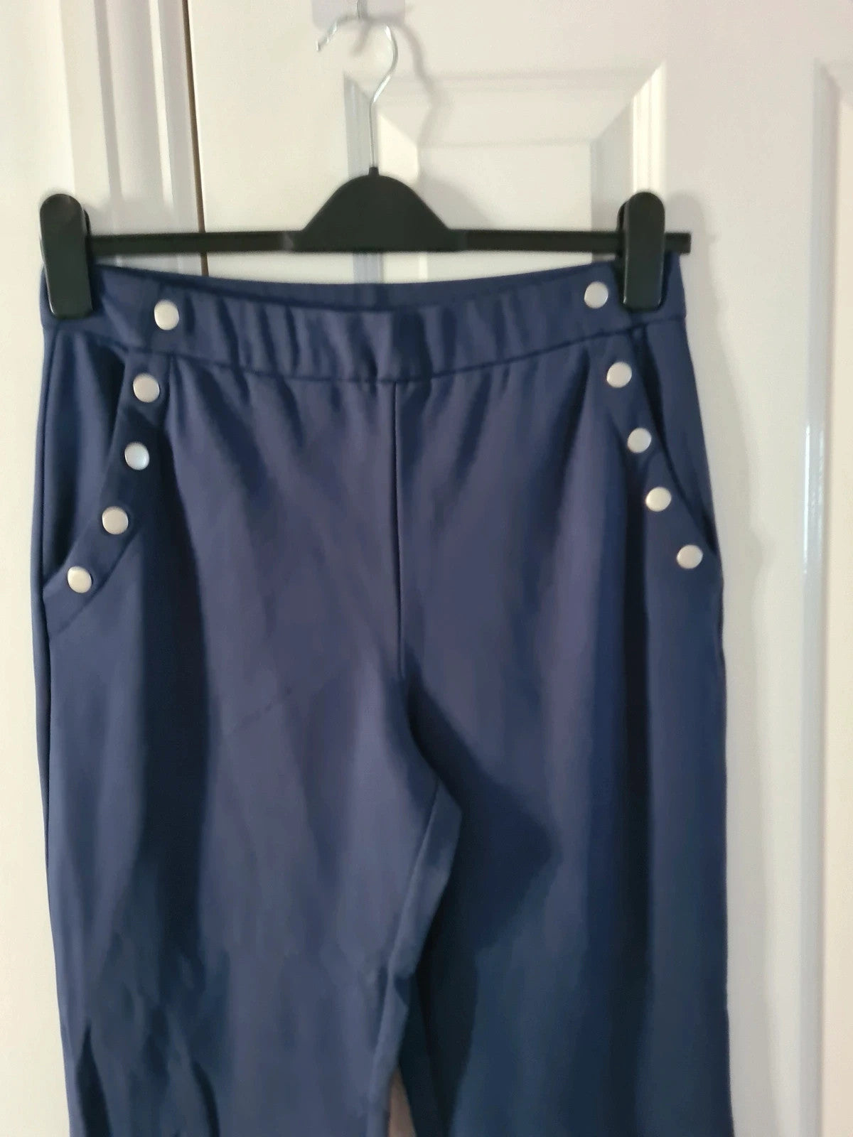 Wynne Layers women navy straight leg sailor pants elastic waistband pockets lounge trousers M/10