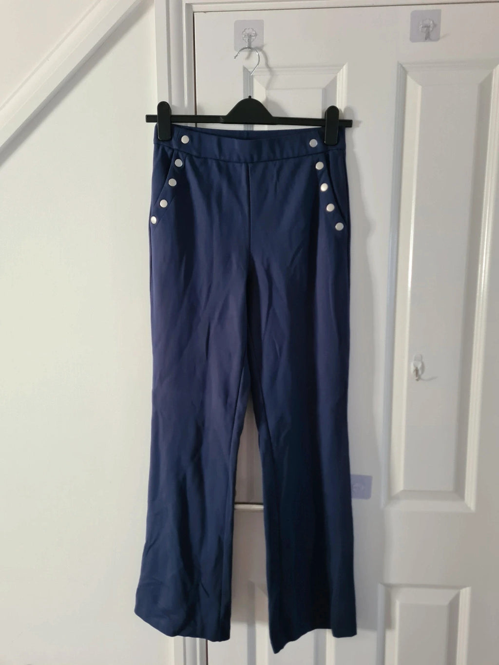 Wynne Layers women navy straight leg sailor pants elastic waistband pockets casual lounge trousers S