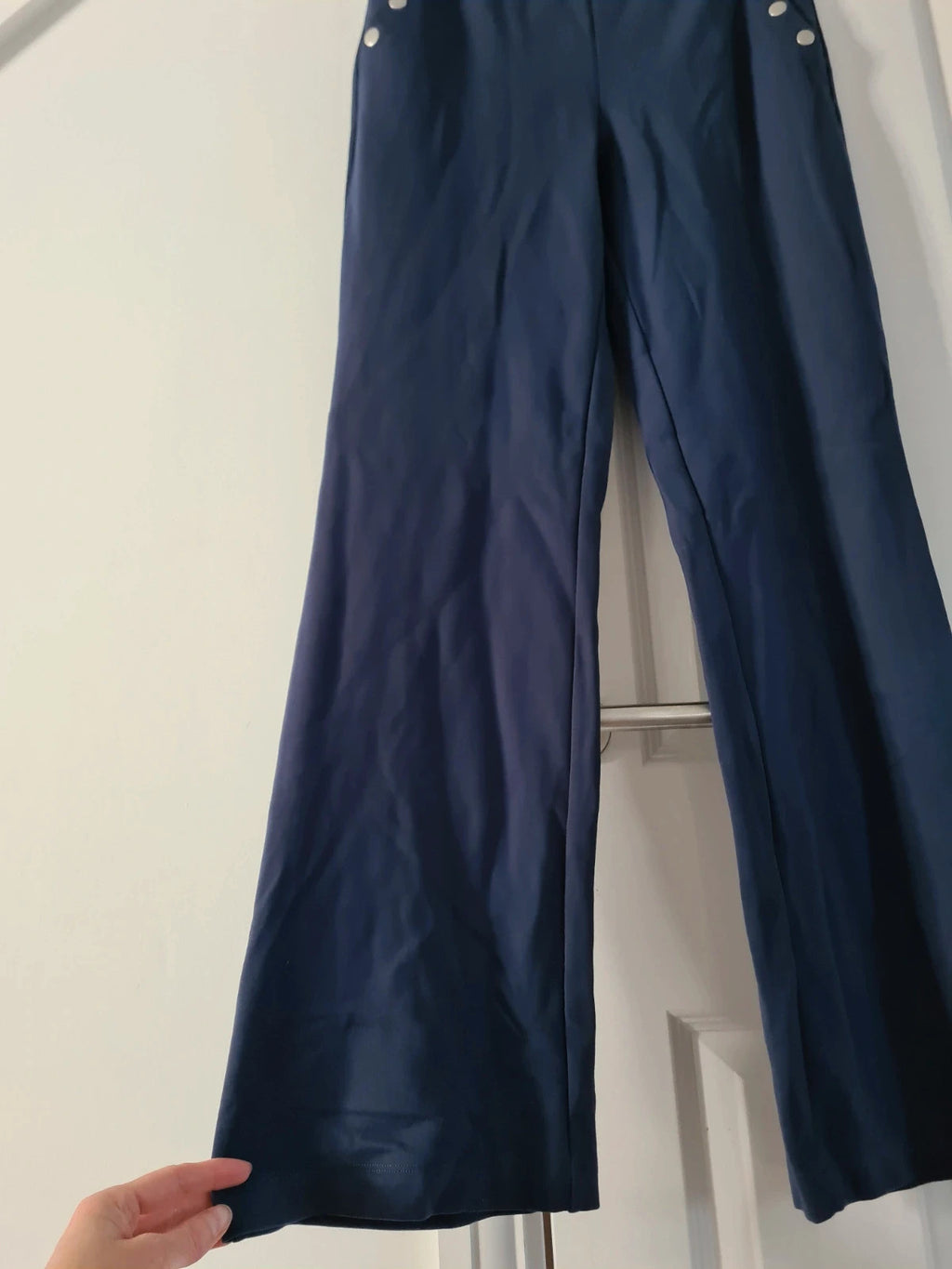 Wynne Layers women navy straight leg sailor pants elastic waistband pockets casual lounge trousers S