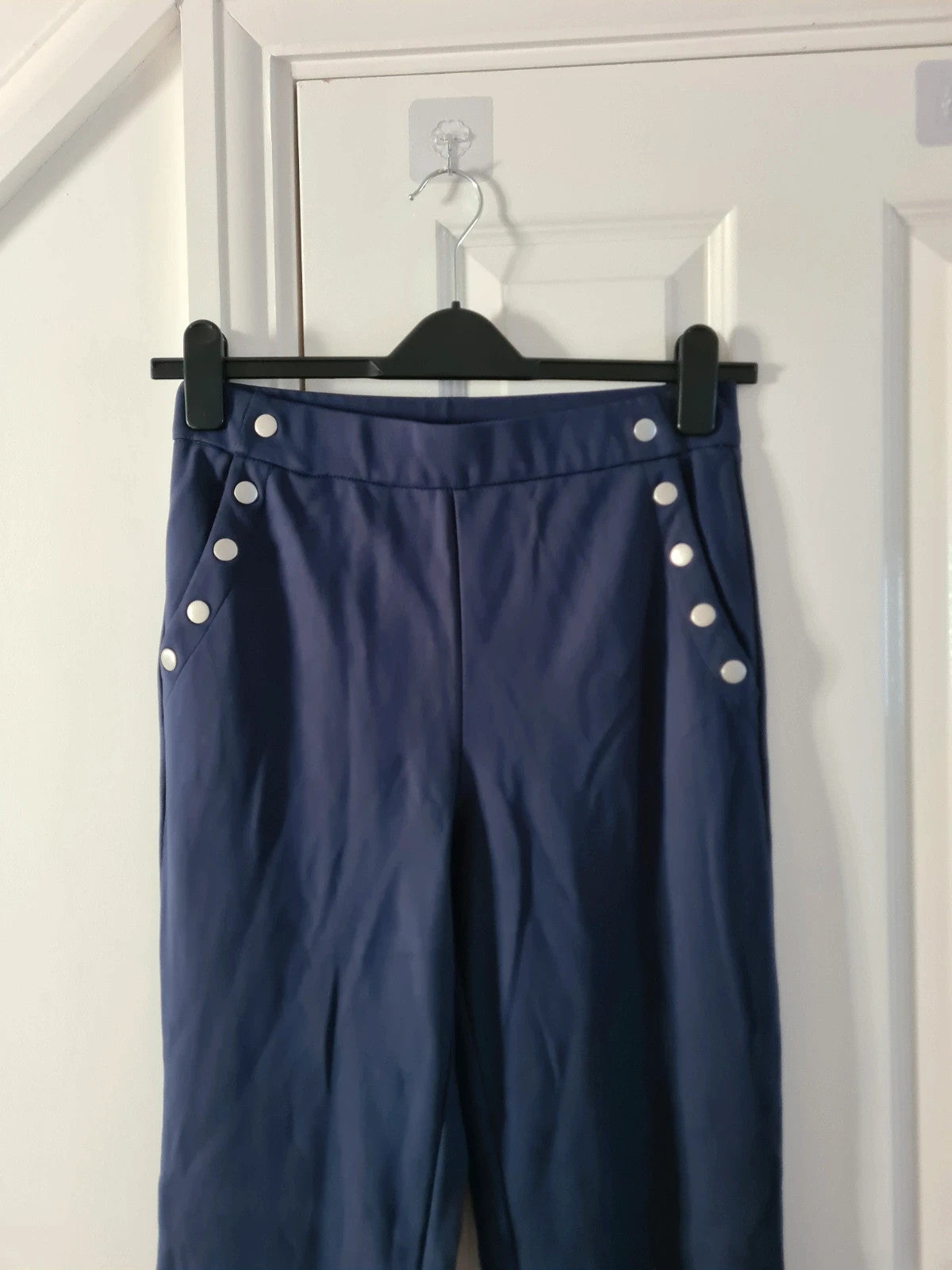 Wynne Layers women navy straight leg sailor pants elastic waistband pockets casual lounge trousers S