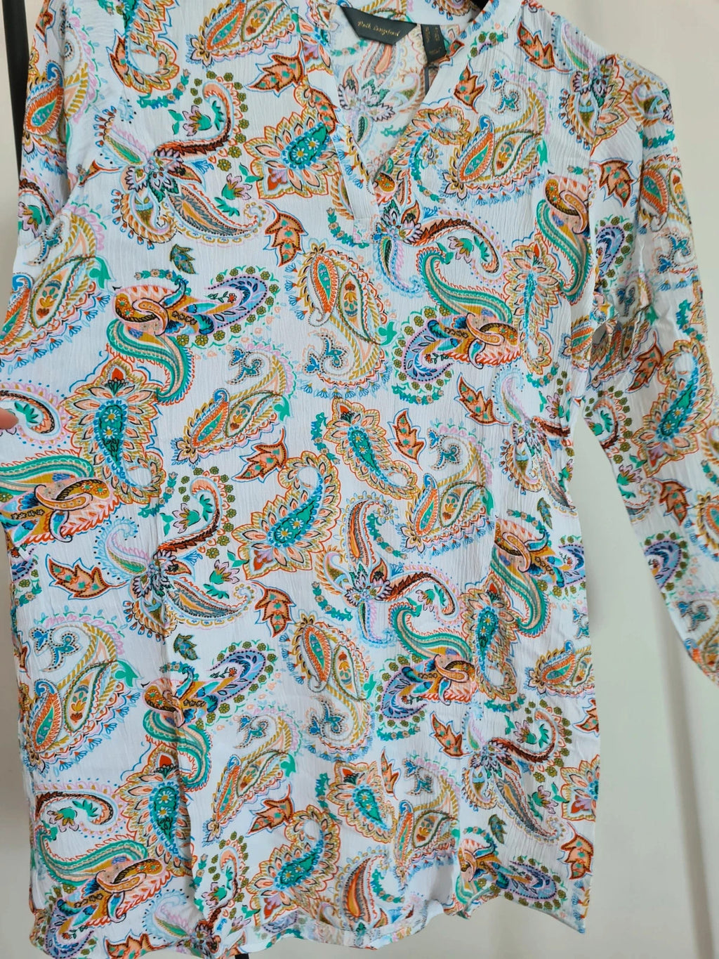 Ruth Langsford women printed paisley white multi viscose blouse 3/4 sleeve V-neck tunic casual top S