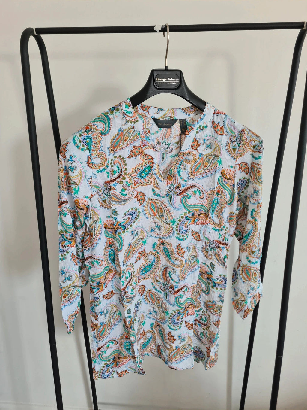 Ruth Langsford women printed paisley white multi viscose blouse 3/4 sleeve V-neck tunic casual top S