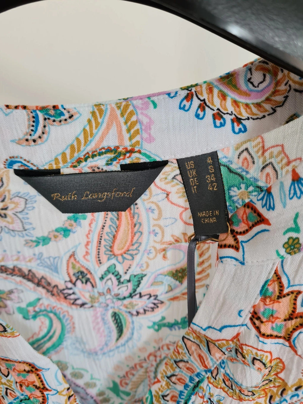 Ruth Langsford women printed paisley white multi viscose blouse 3/4 sleeve V-neck tunic casual top S