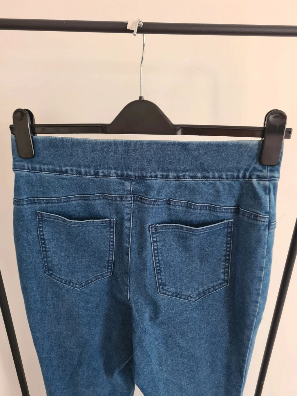 Nina Leonard women blue pull on stretch denim trousers cotton blend straight skinny leg pants S/M
